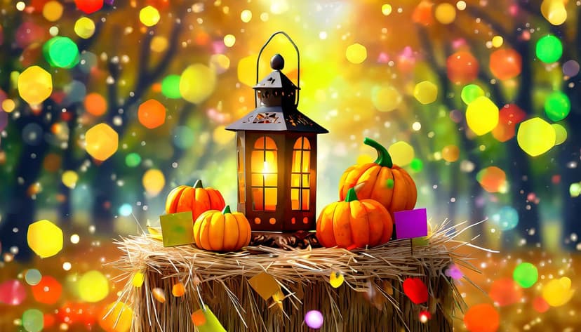 Vintage metal lantern glowing next to small pumpkins and hay with blurred orange bokeh lights in the background.
