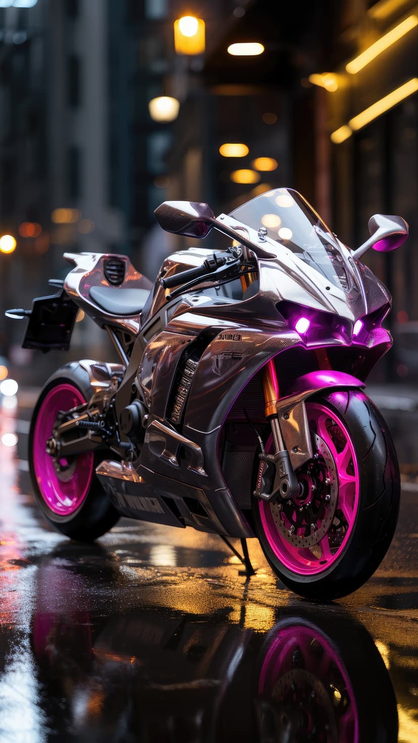Chrome sport motorcycle with pink glowing wheels parked on a rain-slicked city street with bokeh night lights.