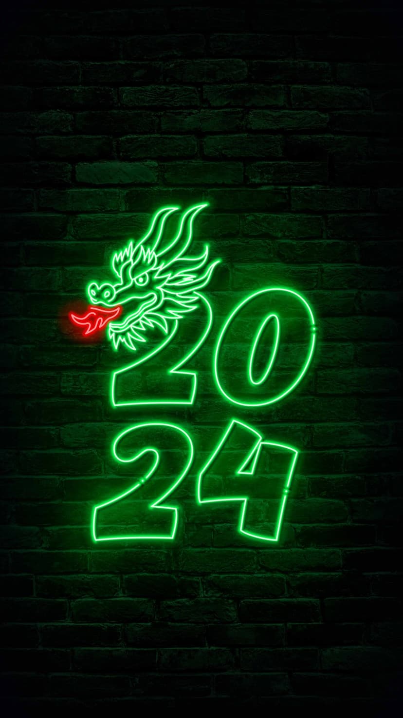 Green neon dragon head and 2024 numbers glow brightly against a dark textured brick wall with red accents.