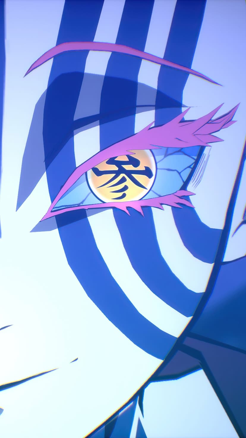 Akaza from Demon Slayer shows his striped skin, yellow eyes with kanji, and pink hair in an intense close-up.
