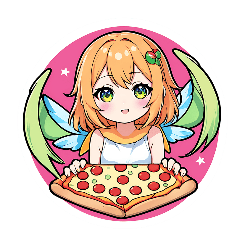 Chibi angel girl holding pizza slice within a pink circular frame featuring blue wings and orange hair.