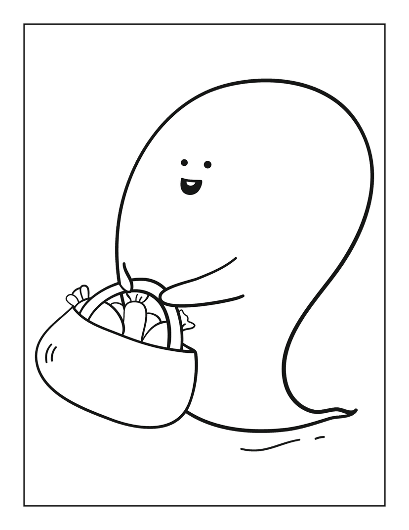 Ghost coloring page featuring a cartoon spirit holding a candy basket under a moon and stars background.