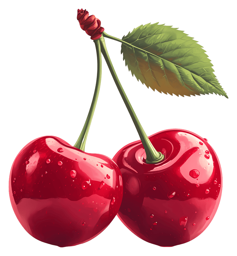 Red cherry fruit pair featuring vibrant green leaves and glossy skin textures against a transparent background.
