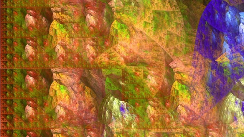 Layered orange and red fractal formations with green highlights resembling a jagged crystalline canyon landscape.