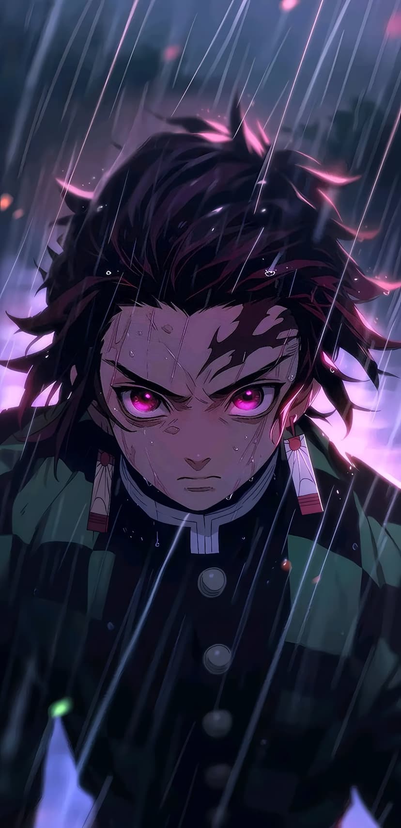 Resolute anime hero with glowing pink eyes glares through falling raindrops in a dark, stormy environment.