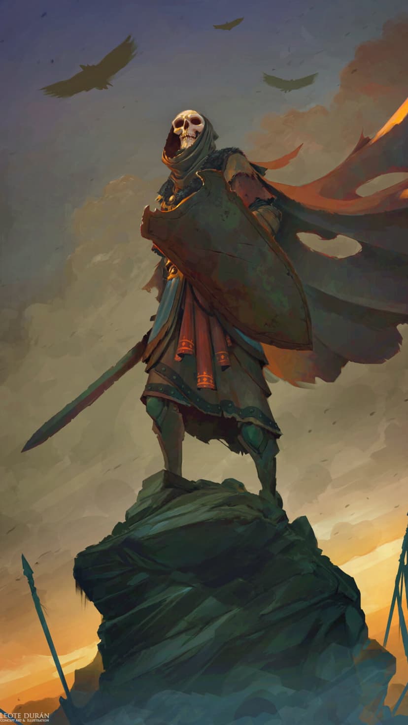 Skeleton warrior in tattered armor holds a sword and shield while standing on a cliff under a dusky orange sky.