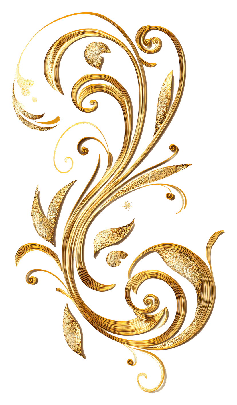 Golden swirl ornament featuring intricate filigree curves, metallic textures, and a polished baroque finish.