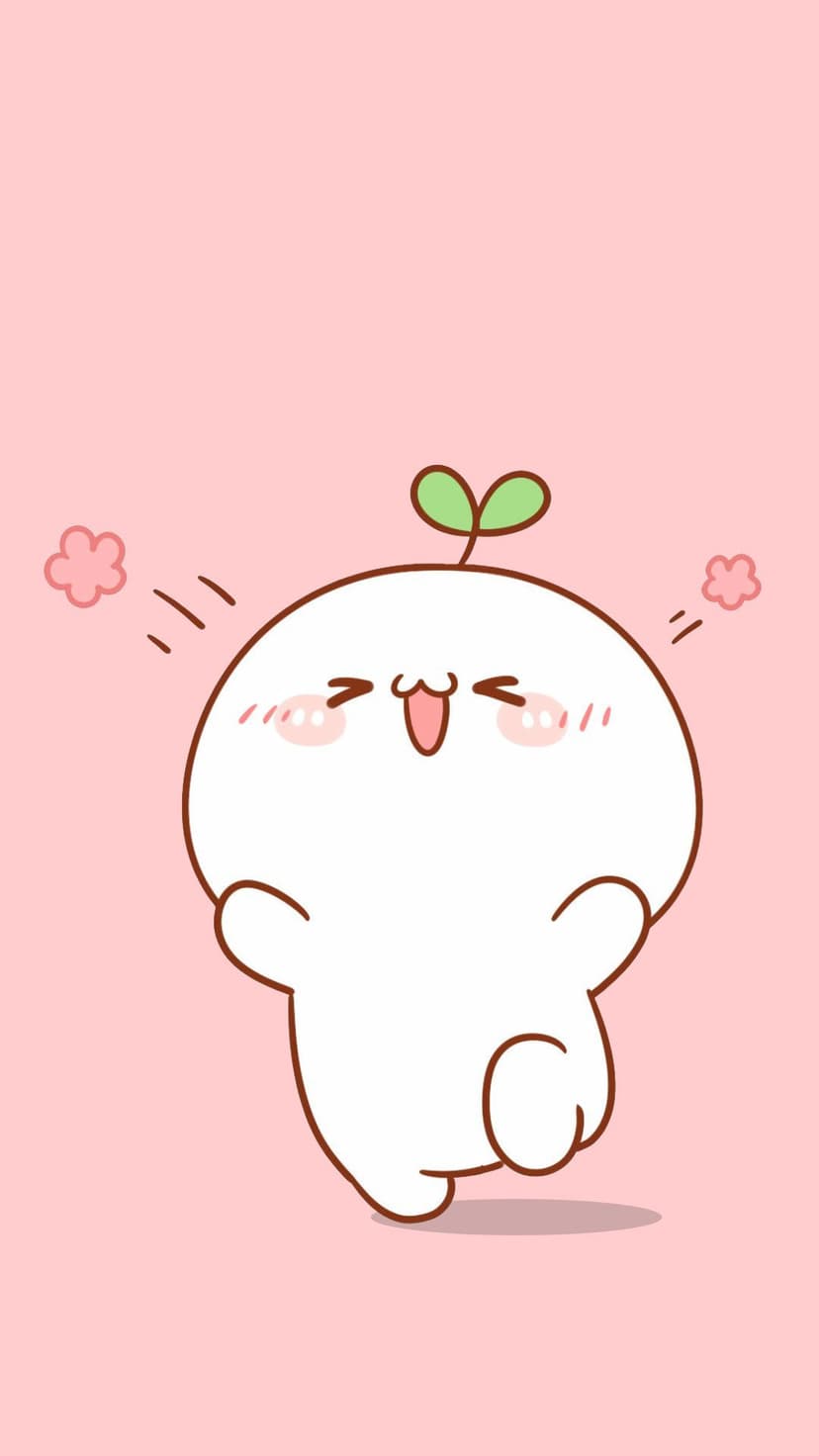 White round character with a green head sprout and wide smile on a soft pink background with rosy cheek accents.