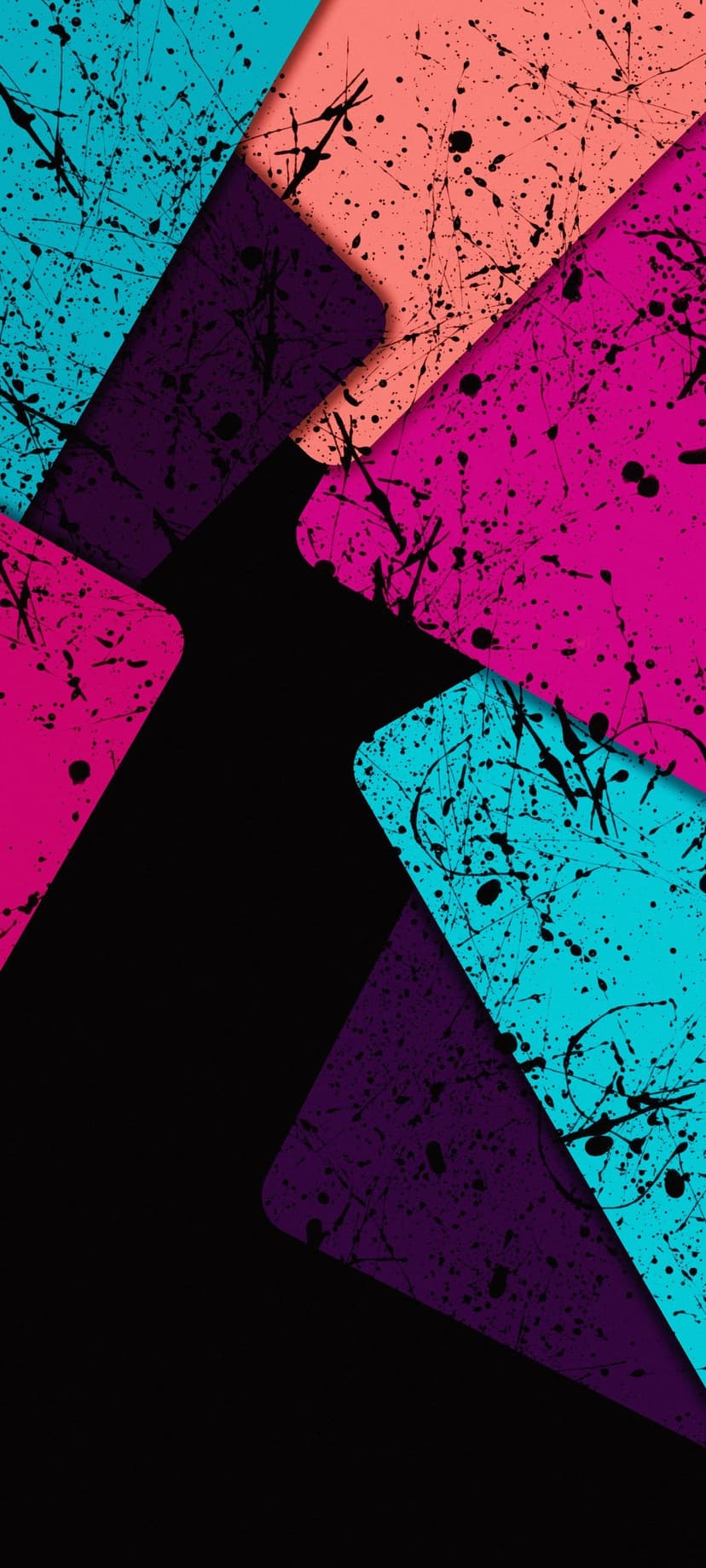 Neon teal and magenta geometric shapes with black paint splatters create a high-contrast vertical composition.