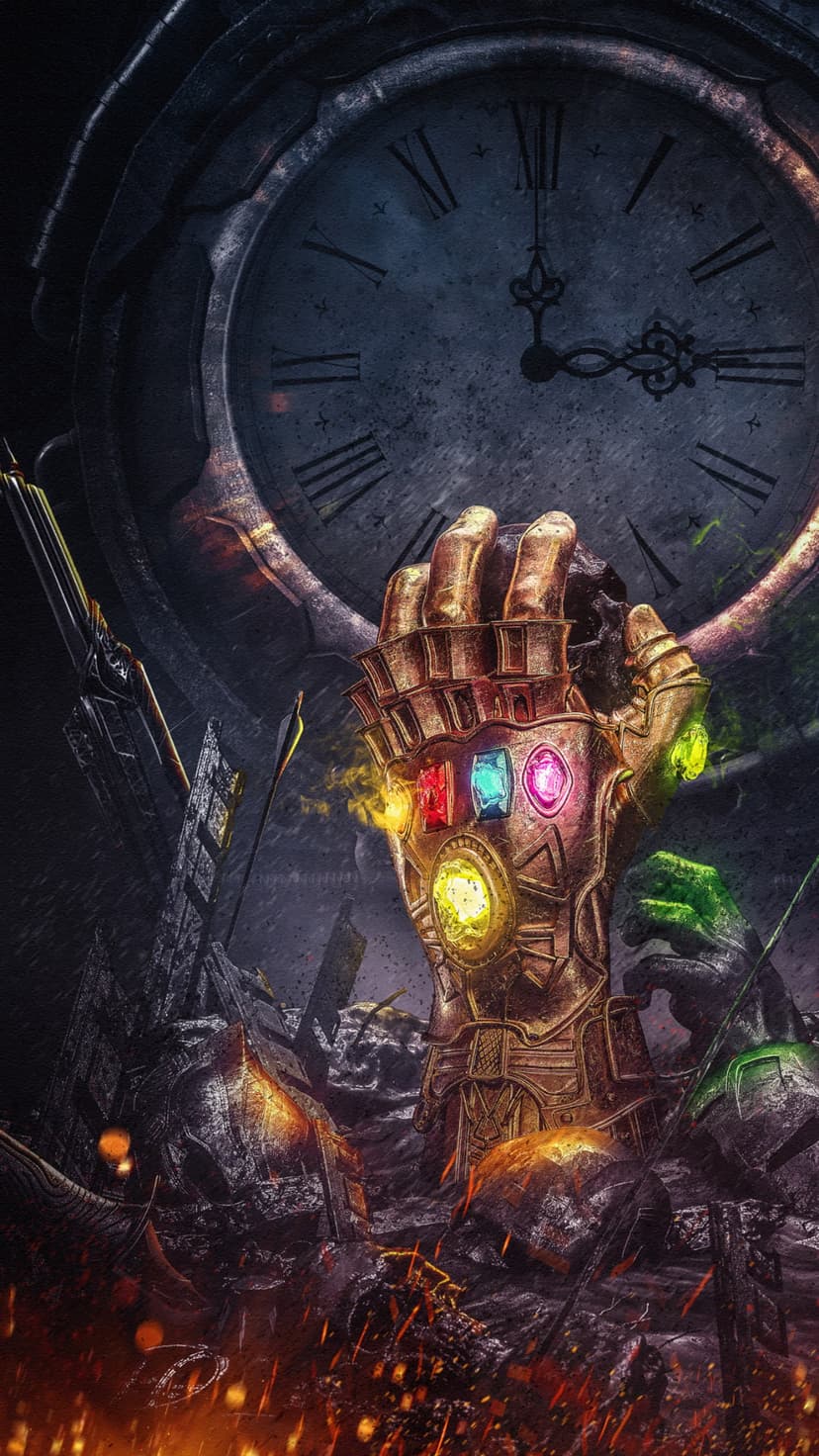 Infinity Gauntlet with a glowing green Time Stone held against a massive dark clock with Roman numerals.