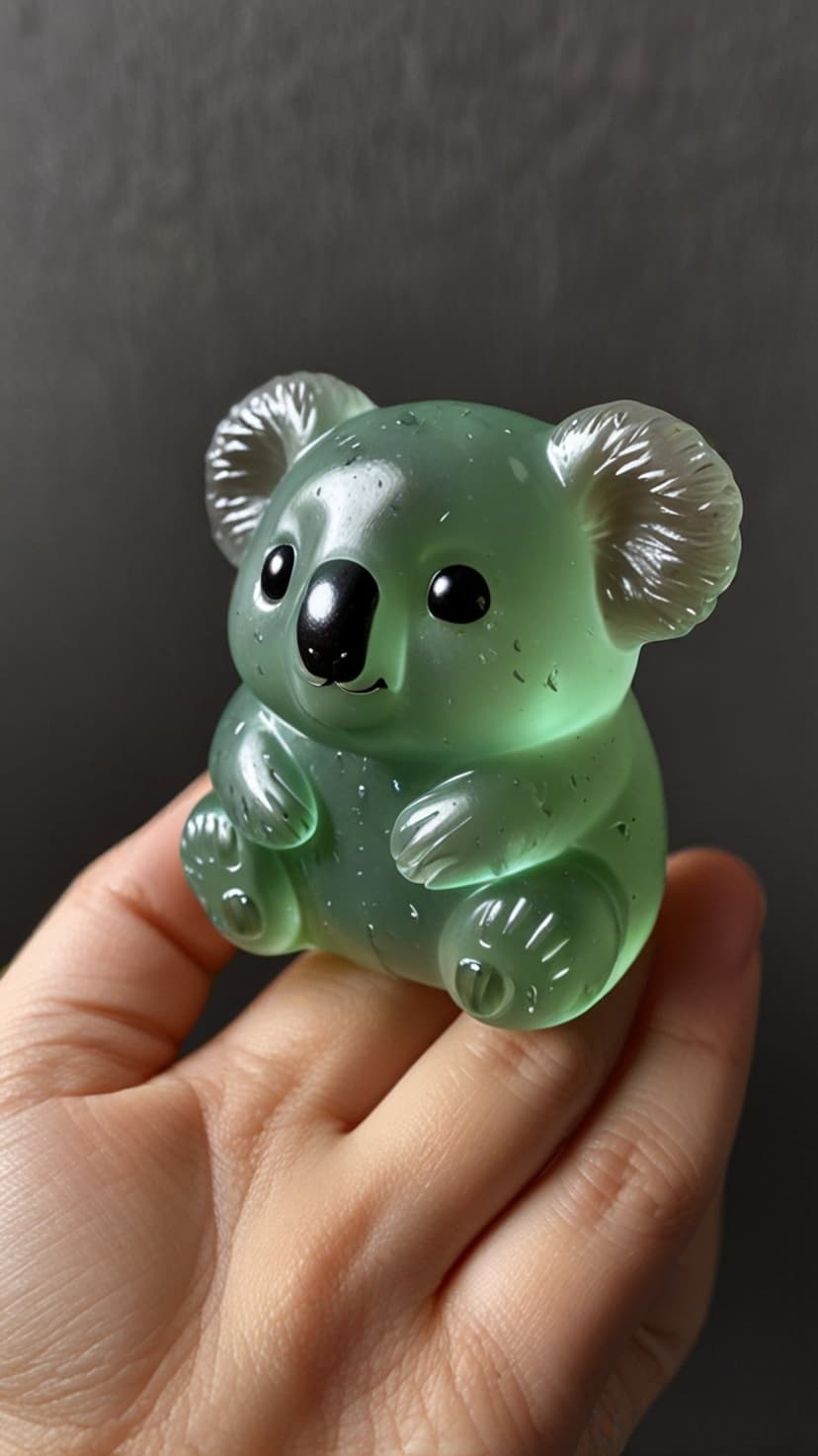 Translucent green koala figurine with small dark eyes and rounded ears rests inside an open human palm.