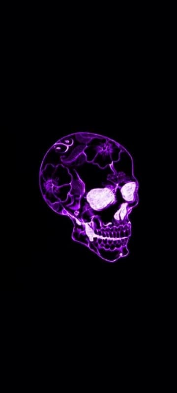 Purple Floral Skull Neon Glow Black Background