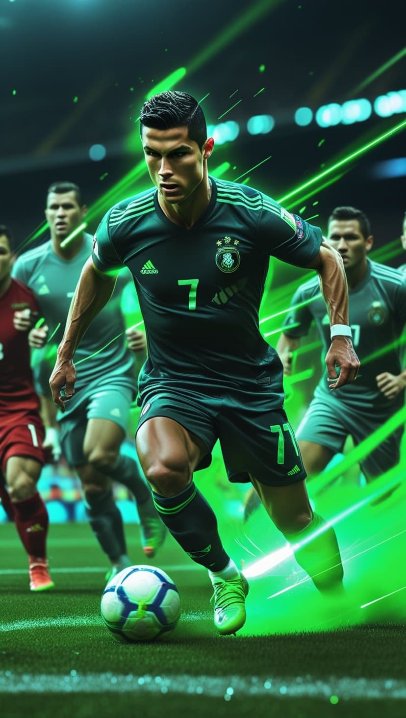 Cristiano Ronaldo dribbles a soccer ball on a green field with glowing neon light effects in a vertical layout.