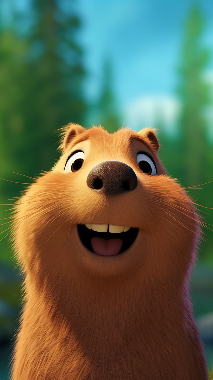Beaver with a wide smile and large front teeth sits in a sunny green forest under a bright blue sky.