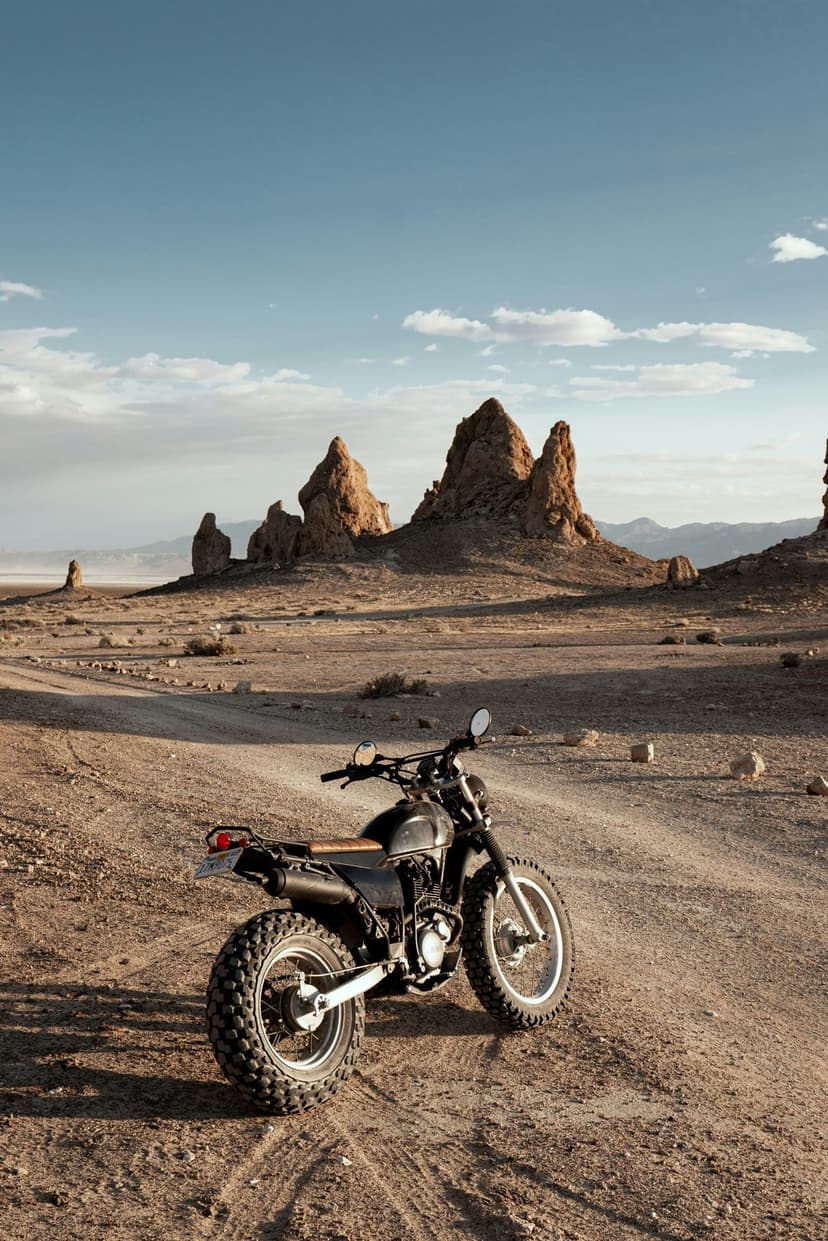 Adventure motorcycle parked on a dirt road beside towering desert rock formations under a bright blue sky.