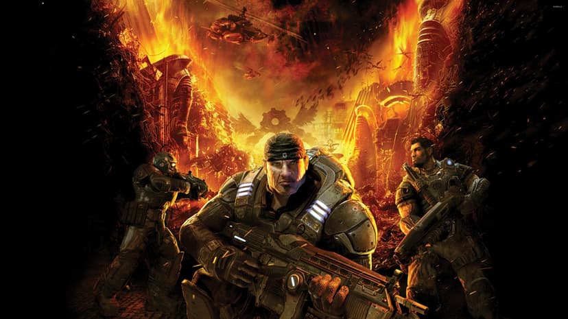 Marcus Fenix and soldiers holding rifles in a fiery battlefield with explosions, smoke, and ruined buildings.