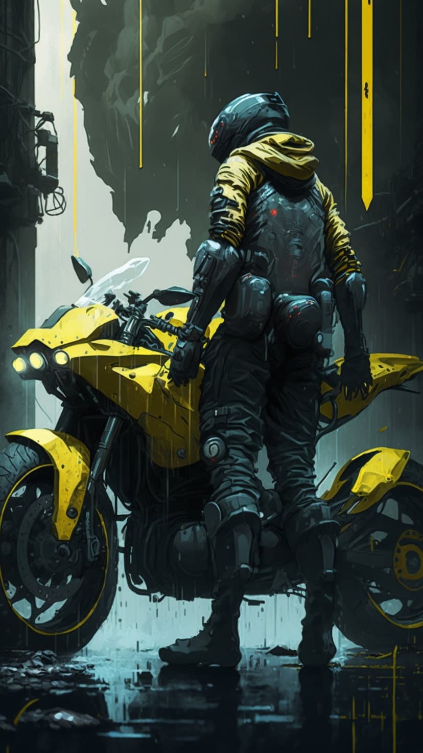 Biker in a yellow hooded jacket standing next to a yellow motorcycle on a wet city street at night during rain.