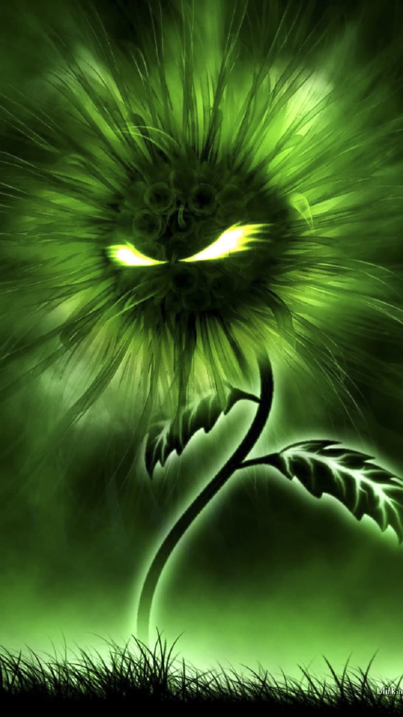 Evil green dandelion with glowing yellow eyes and radiant emerald petals against a dark smoky background.