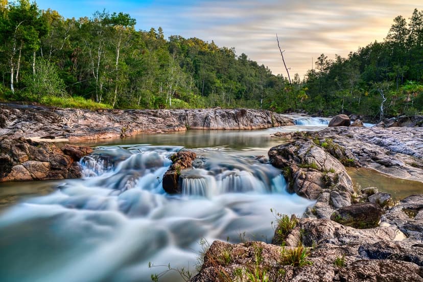 Waterfall rushing over grey river stones surrounded by vibrant green ferns and trees under a soft golden sunset.