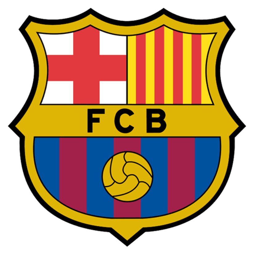 FC Barcelona football crest displays a blue and maroon shield with a yellow border and centered soccer ball.