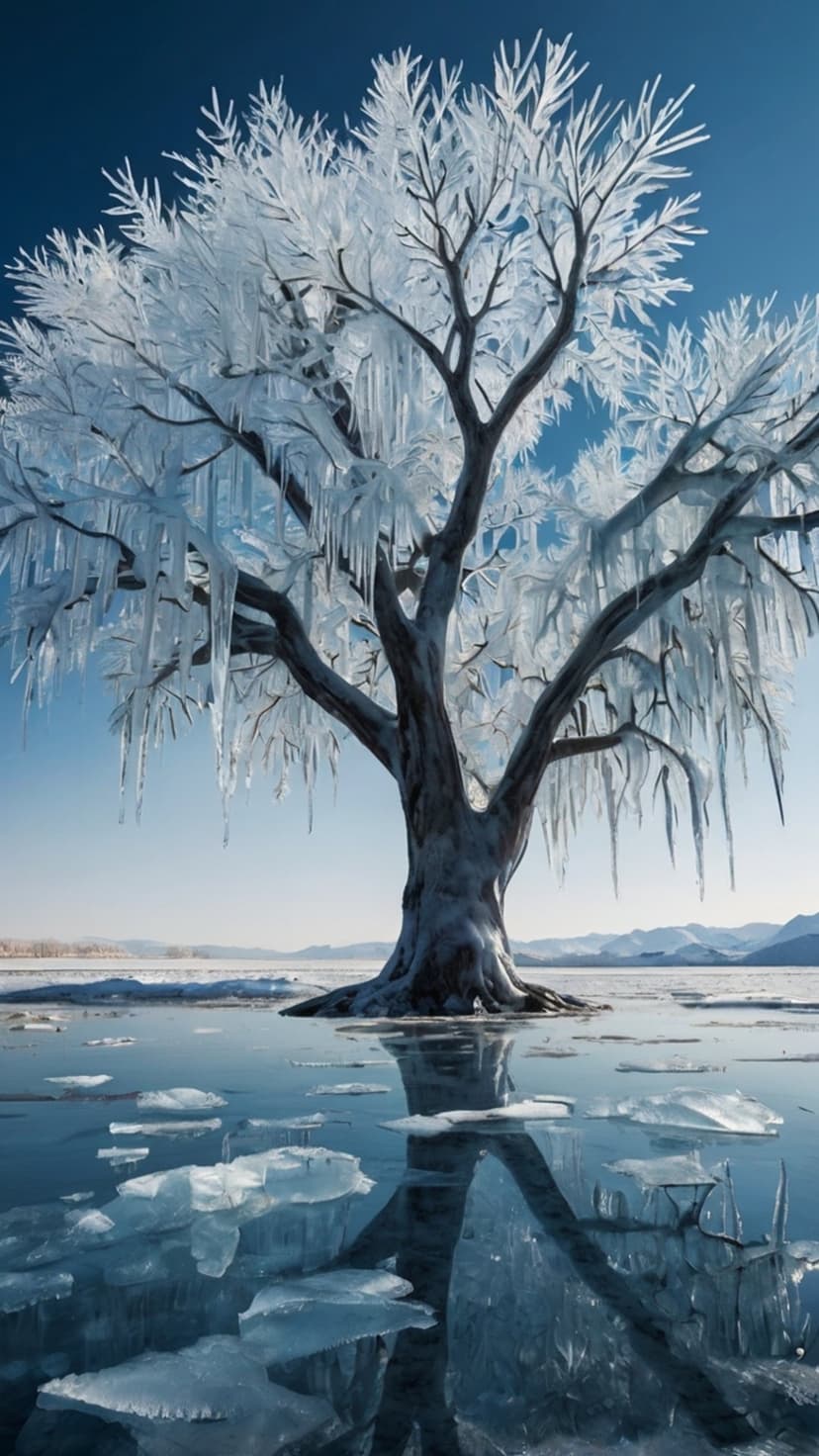 Ice-encrusted tree with hanging icicles reflects on the smooth surface of a frozen lake under a clear blue sky.