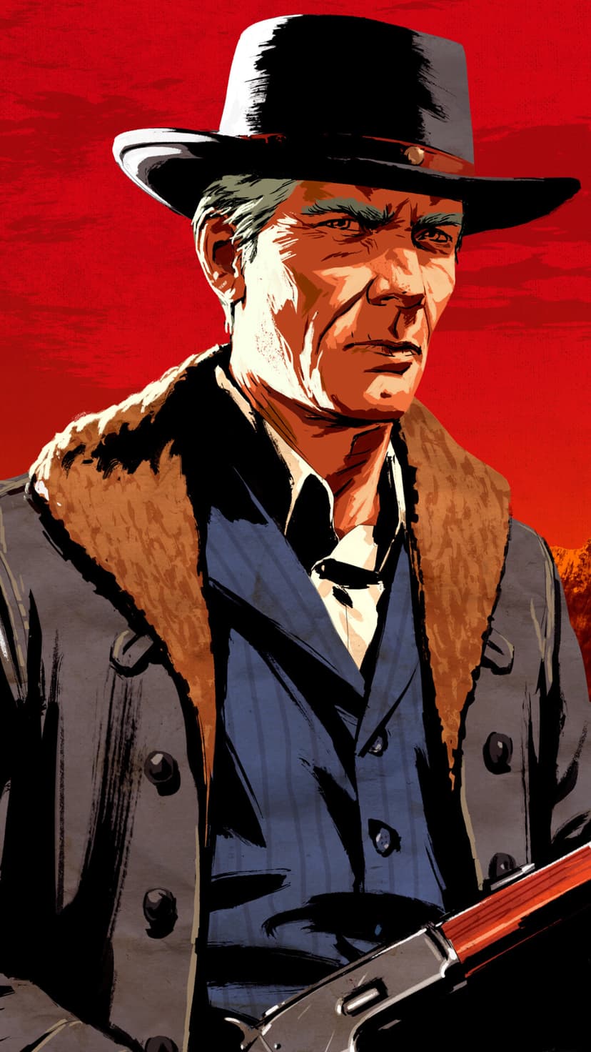 Hosea Matthews wearing a cowboy hat and fur-collared coat against a textured red background with high contrast.