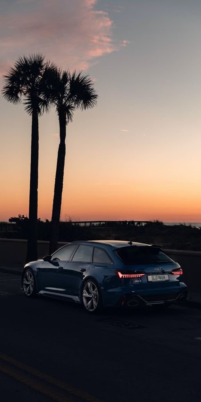 Blue Audi RS6 Avant parked on a coastal road between palm trees against a glowing sunset and ocean horizon.
