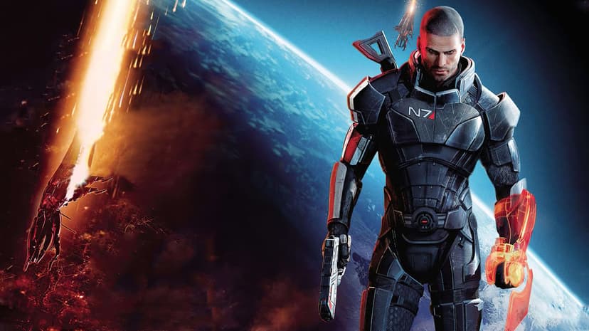 Commander Shepard in N7 armor with a glowing Omni-blade stands against a burning Earth and Reaper in space.
