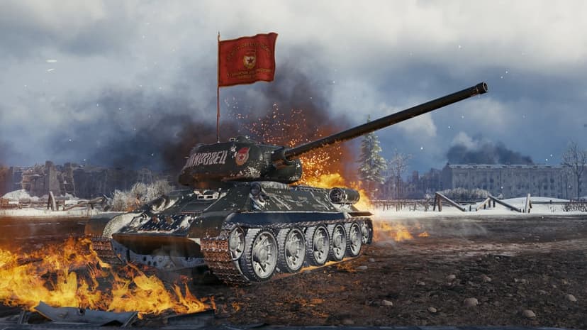 Soviet T-34-85 tank with a red flag in a snowy battlefield surrounded by fire and smoke under a grey sky.