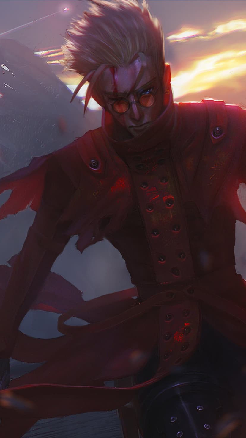 Vash the Stampede wearing a red coat and yellow glasses stands in a dusty desert with his spiky blonde hair.