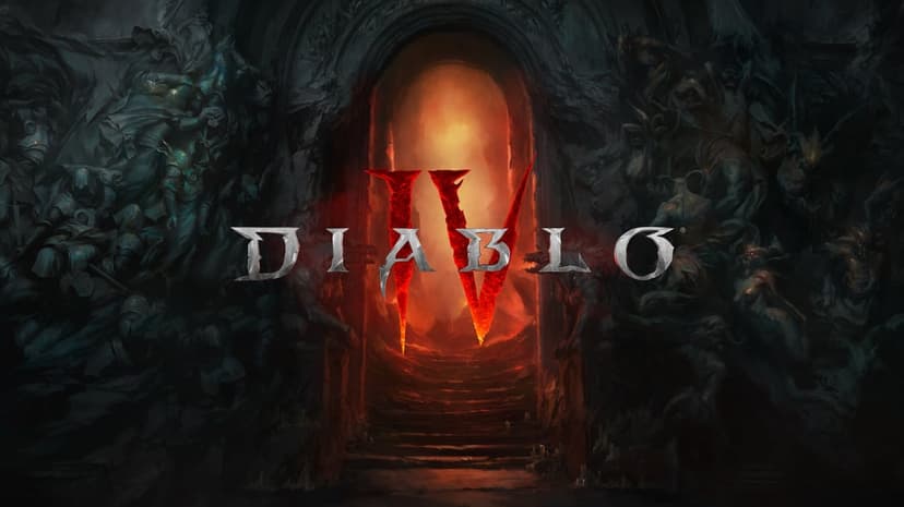 Glowing red Diablo IV logo set against a dark gothic stone archway with intricate demon carvings and orange light.