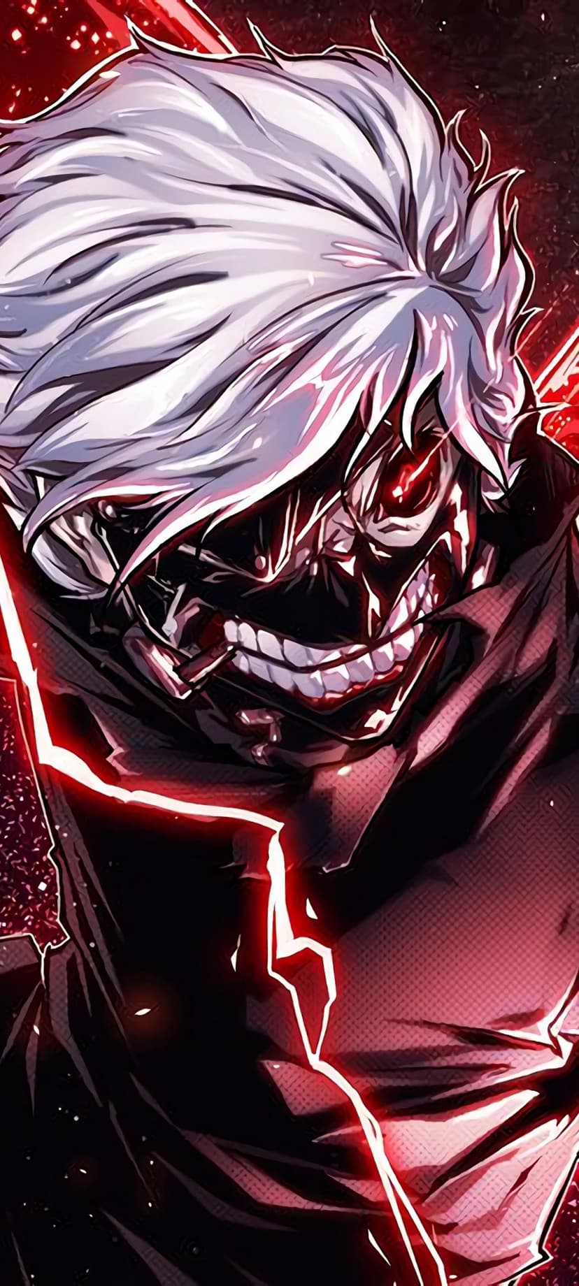 Kaneki Ken with white hair and a red eye stands before his red kagune tentacles in a dark vertical portrait.