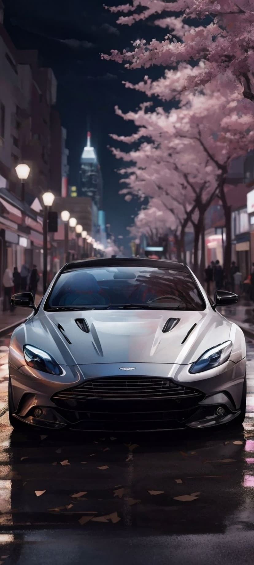 Silver luxury car parked on a wet asphalt road at night under glowing pink cherry blossom trees in the city.