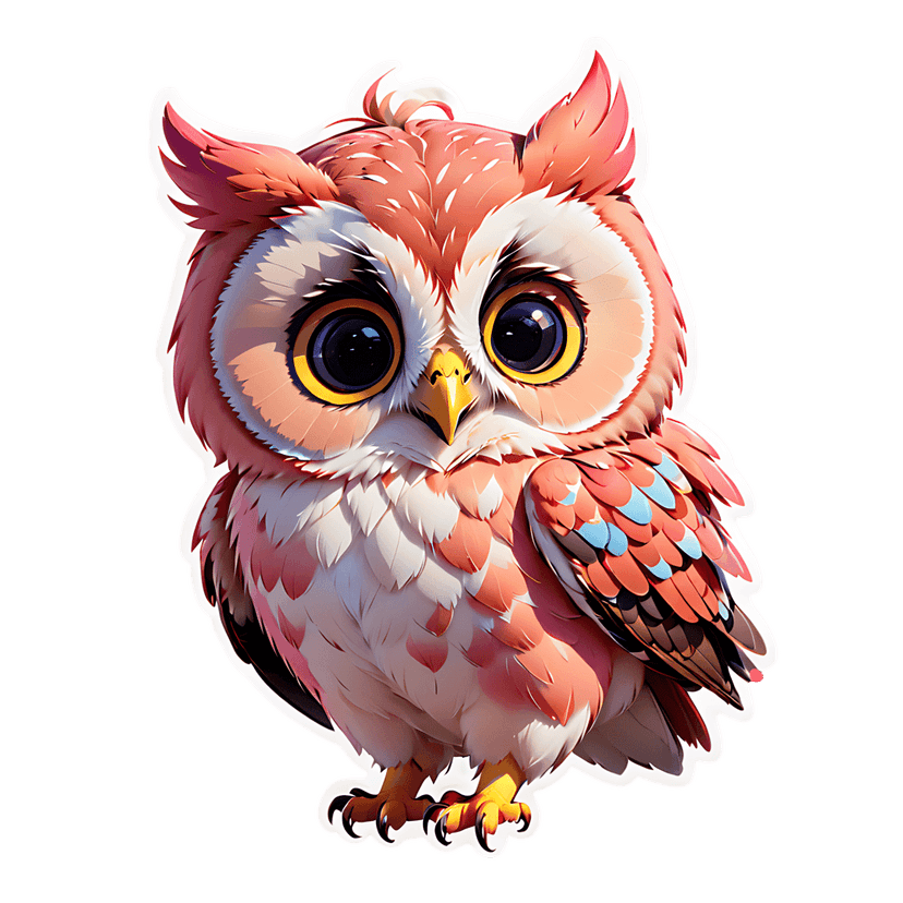 Coral owl sticker illustration displays fluffy pink plumage, glossy eyes, and yellow beak in a front-facing pose.