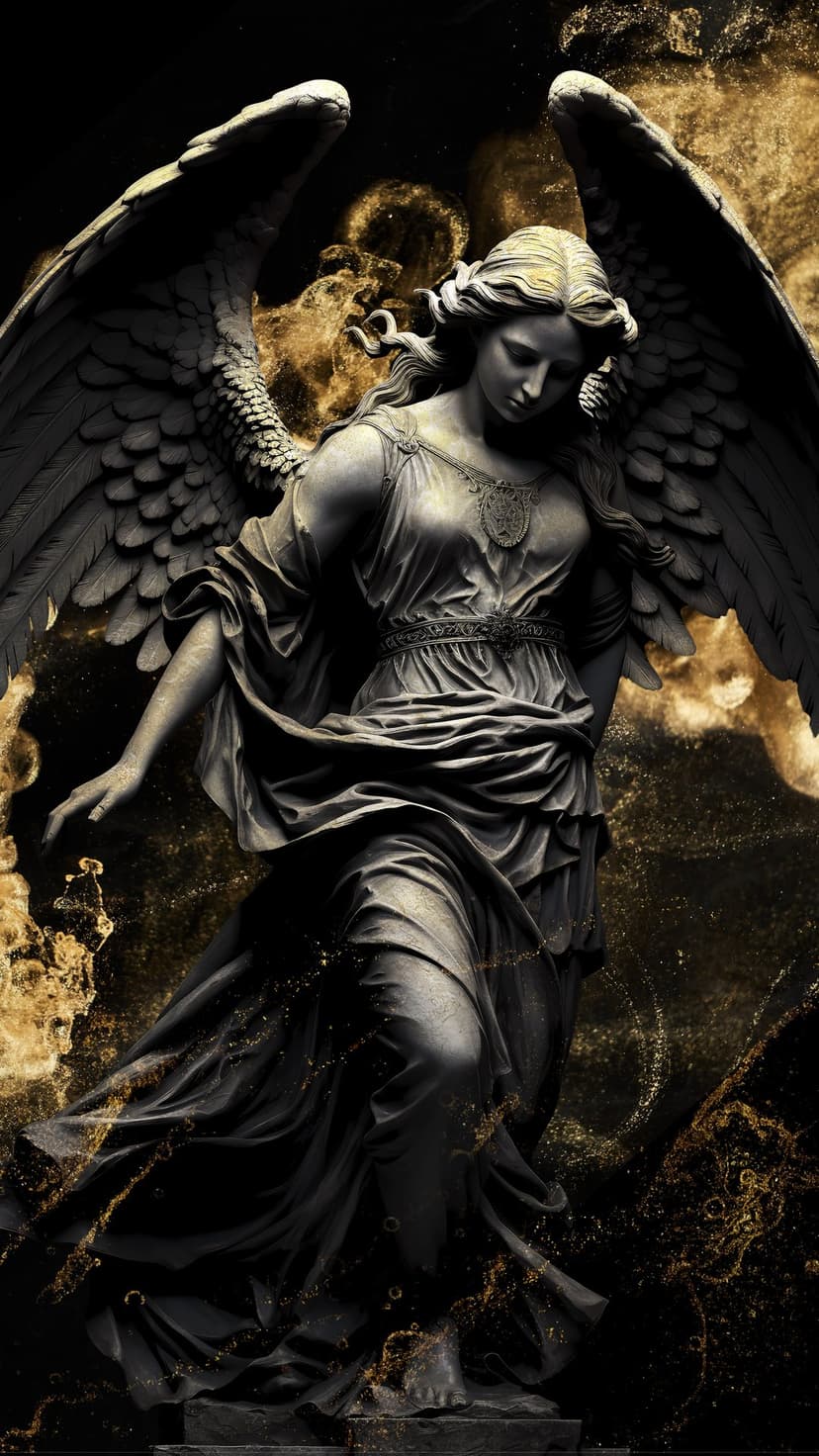 Winged angel statue illuminated by golden light with flowing stone robes amidst floating ember-like particles.