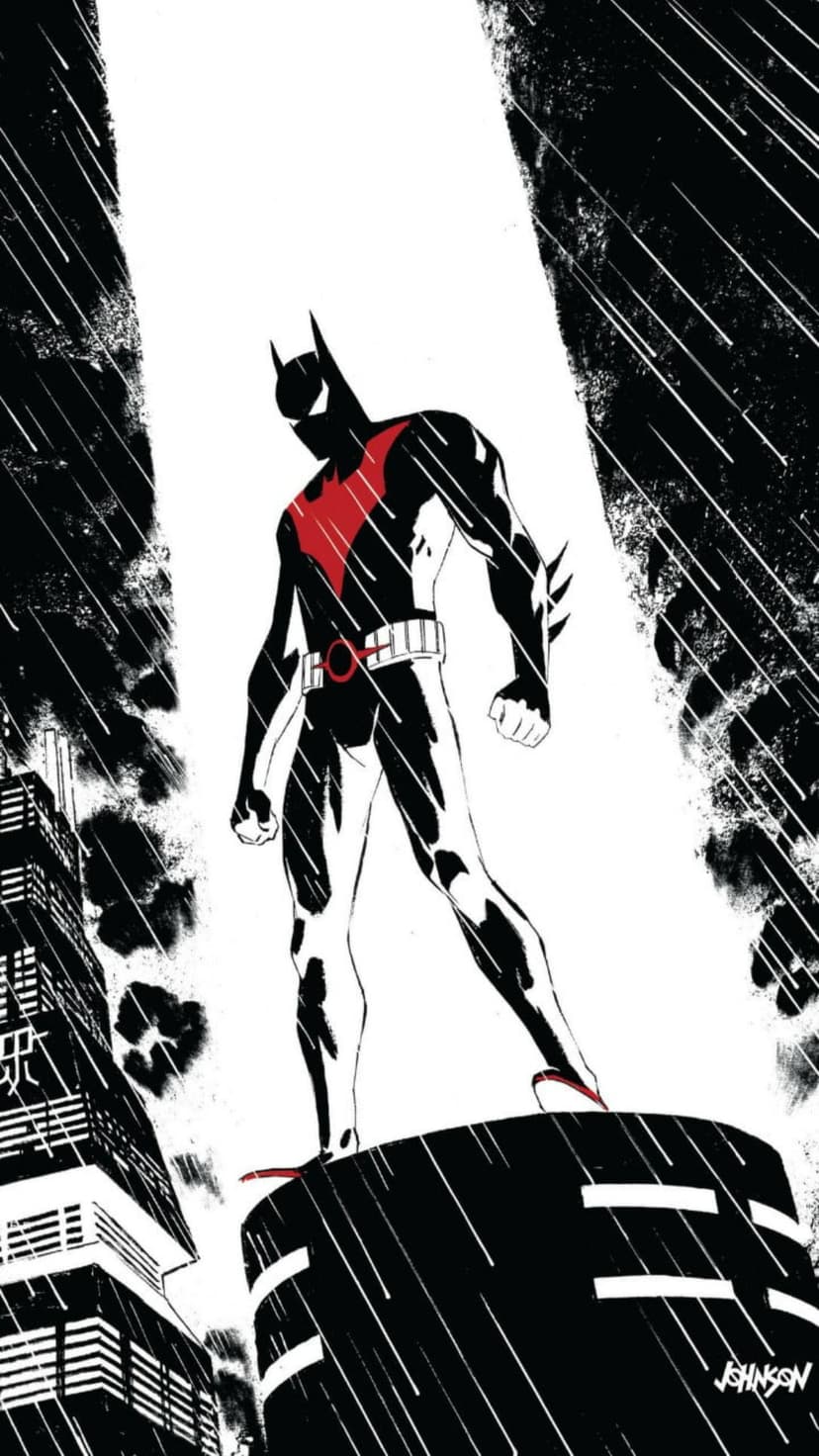 Batman Beyond stands on a rooftop in a rainy futuristic city with a glowing red bat symbol on his black suit.