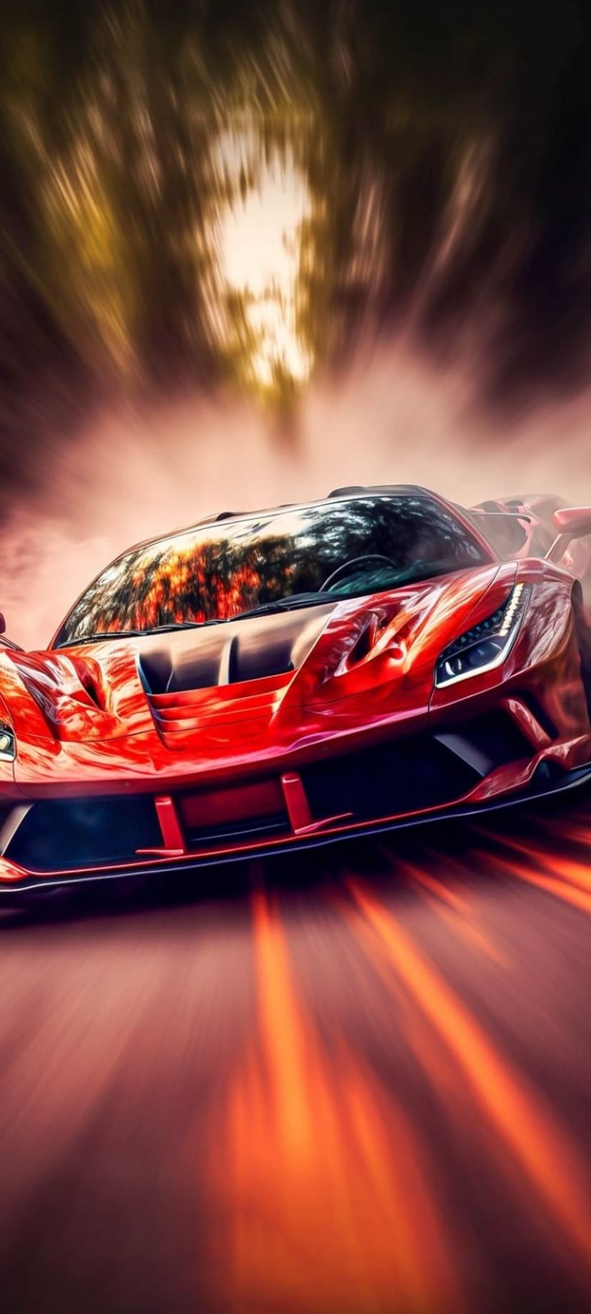 Red sports car speeds through a foggy forest with vibrant orange light reflections and intense motion blur.