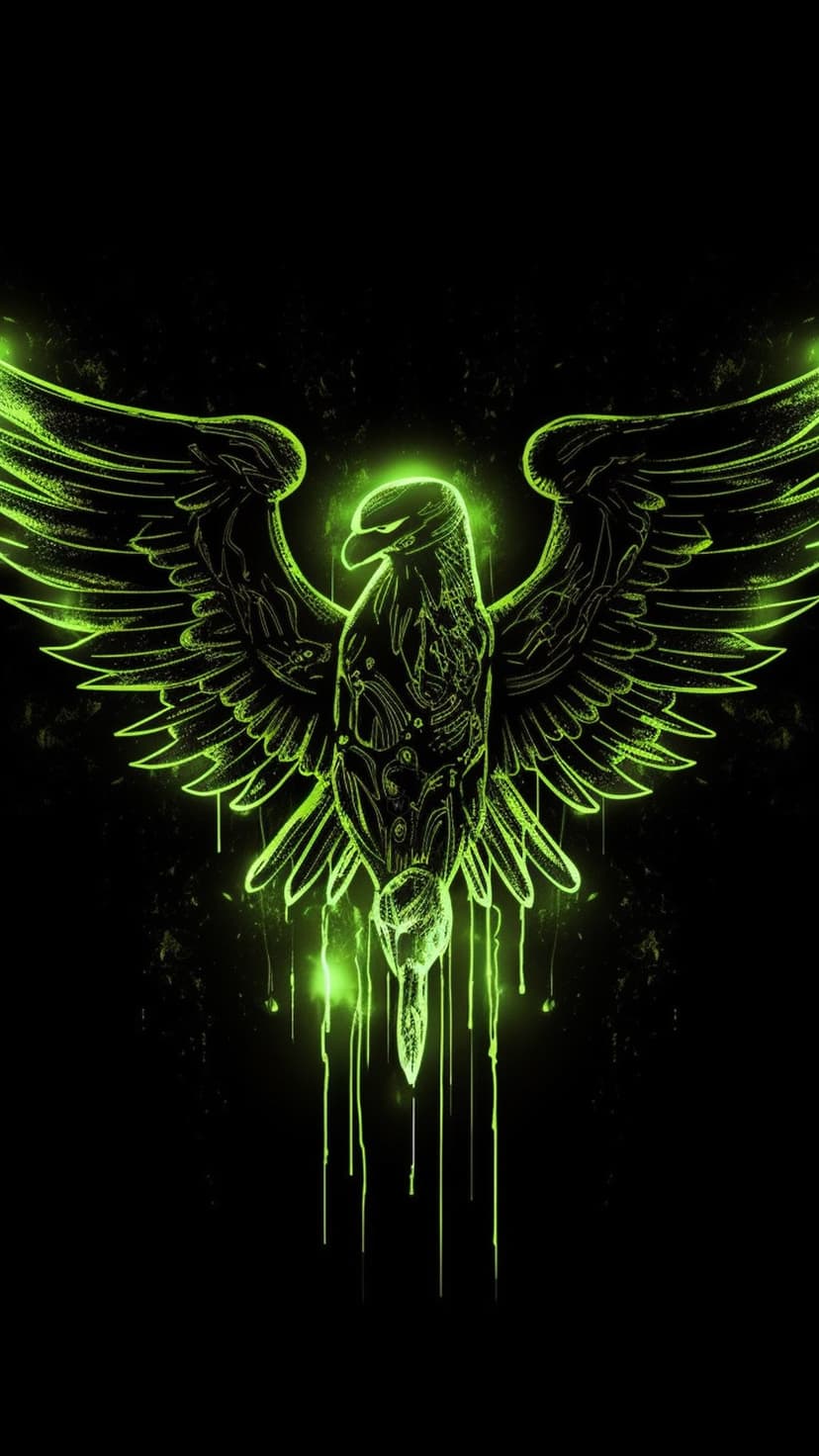 Neon green eagle silhouette with outstretched wings and dripping talons against a solid black background.