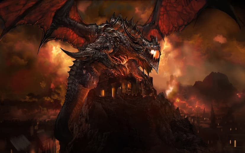 Armored dragon with glowing molten scales perched on a ruined castle against a fiery apocalyptic sky.
