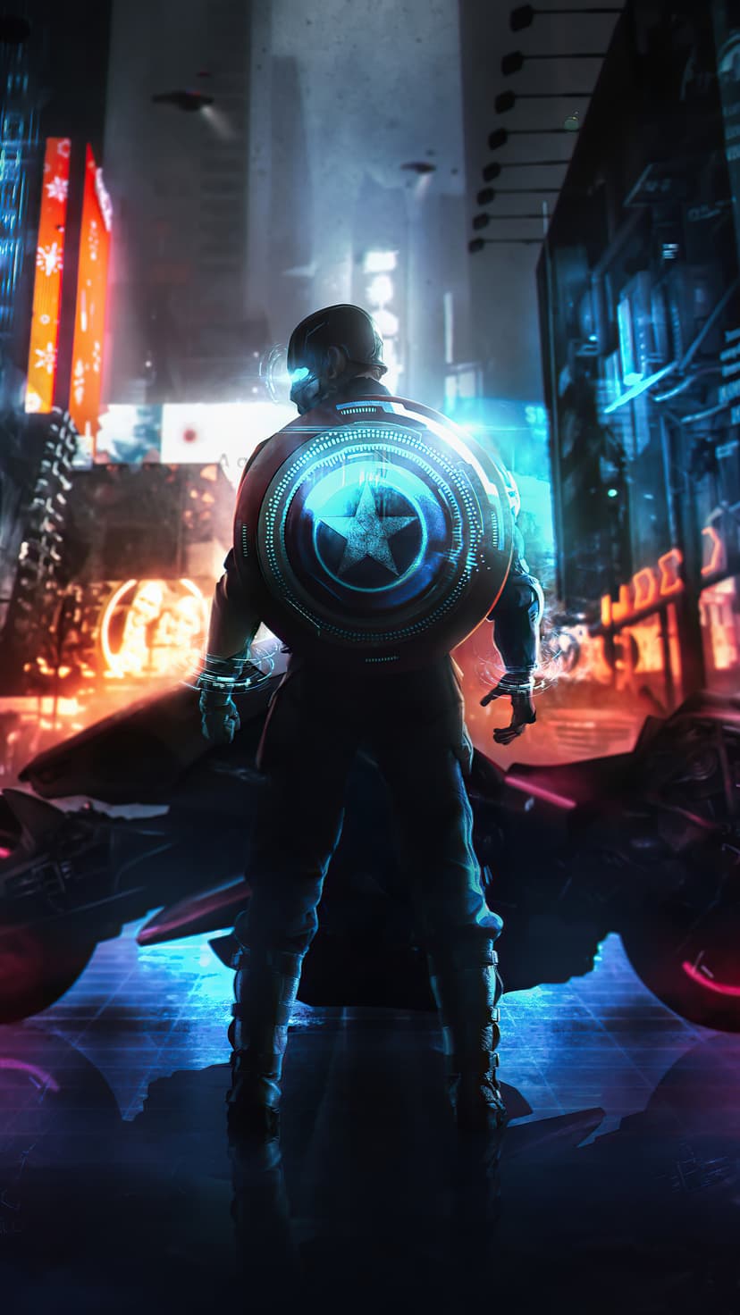 Captain America stands with a glowing high-tech shield facing a futuristic city with neon lights and flying cars.