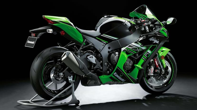Kawasaki Ninja ZX-10R sportbike in lime green and black on a paddock stand against a dark studio background.