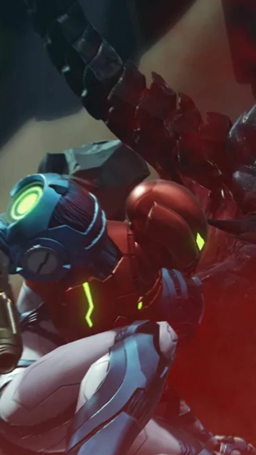 Samus Aran in blue armor is gripped by a red metallic claw with glowing green lights in a dark setting.