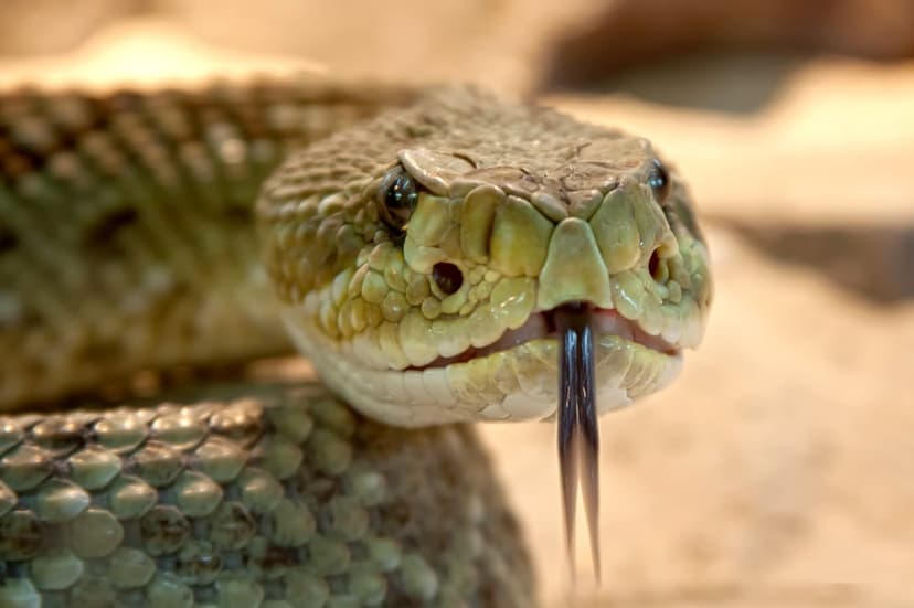 Rattlesnake head showing intricate scales and a forked tongue flicking against a blurred sandy desert background.