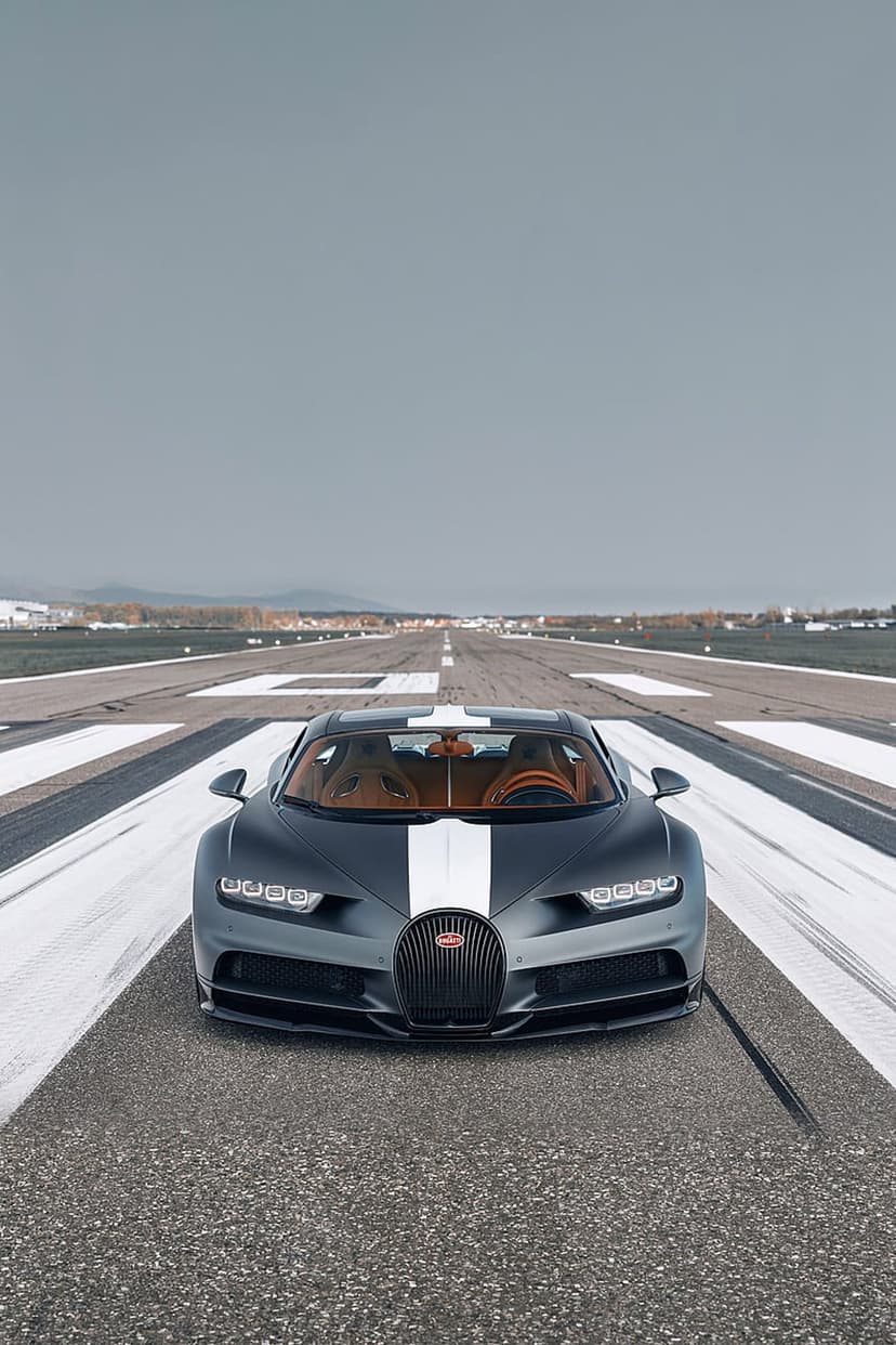 Bugatti Chiron hypercar with a white racing stripe and tan interior parked on a desolate asphalt runway.