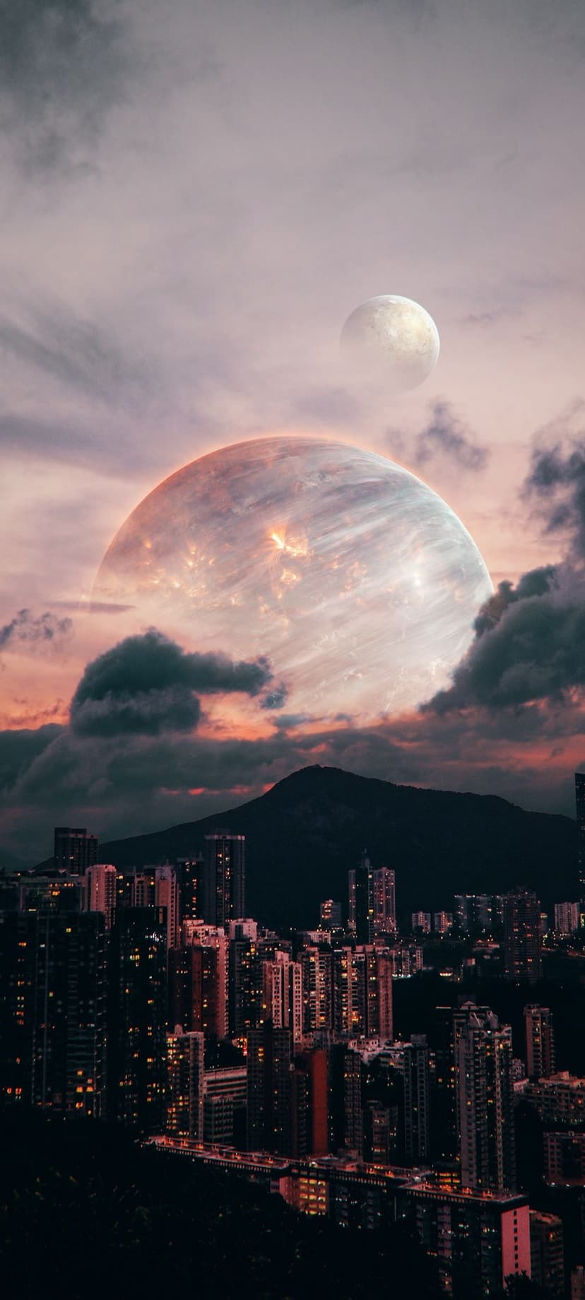 Glowing skyscrapers stand beneath a purple twilight sky featuring two massive alien planets and distant mountains.