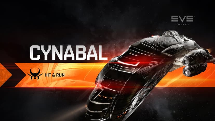 Cynabal spaceship with a dark metallic hull and red glowing lights against an orange and black space background.