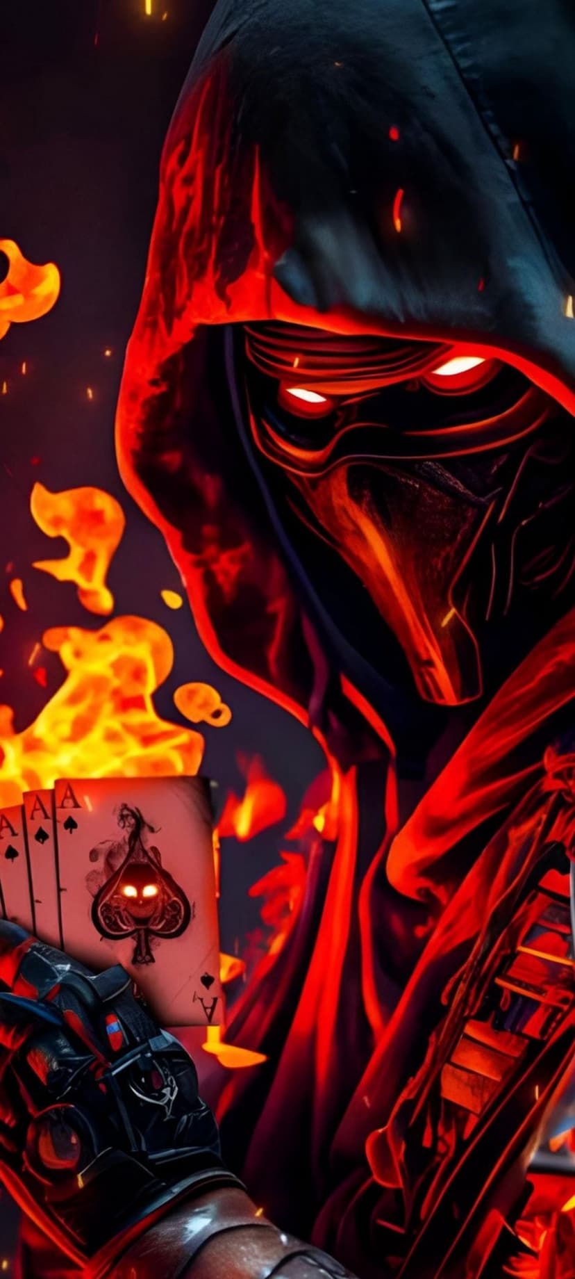 Hooded entity with glowing red eyes holds four aces with a skull emblem amidst swirling orange fire and embers.