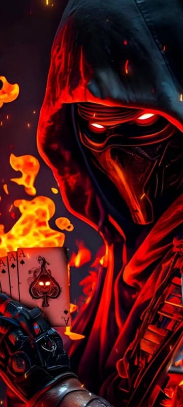 Fiery Avatar Holding Aces with Skull Symbol