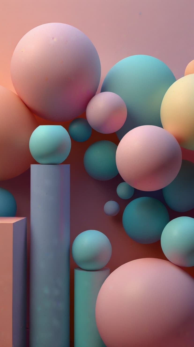 Pastel pink and blue spheres resting on cylindrical pedestals with soft shadows and a smooth matte texture.