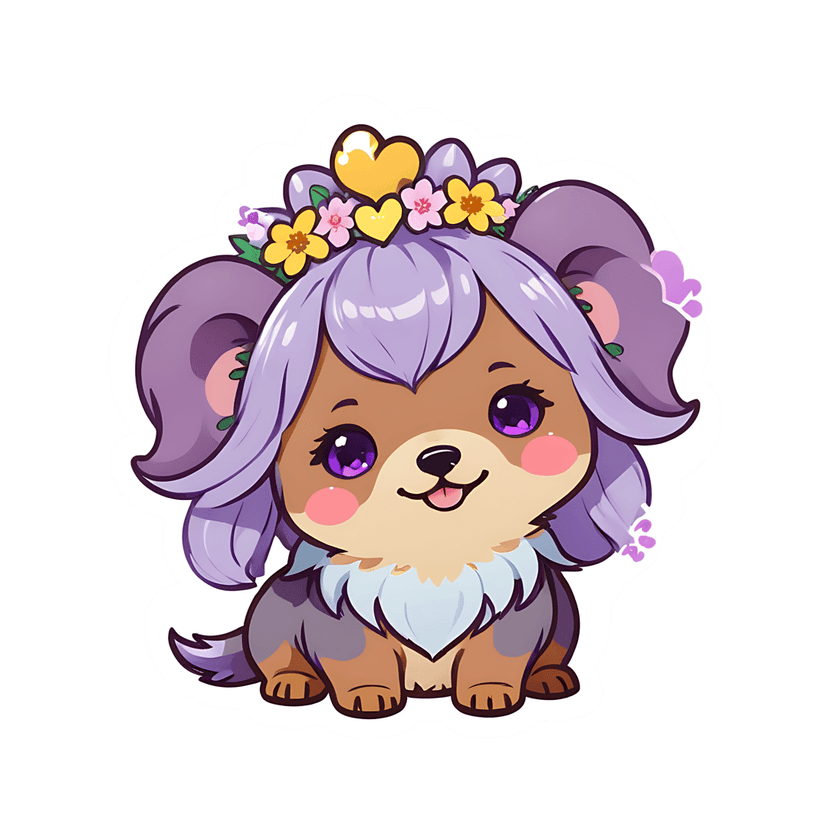 Purple puppy sticker featuring violet fur, a heart crown, and large eyes against a transparent background.